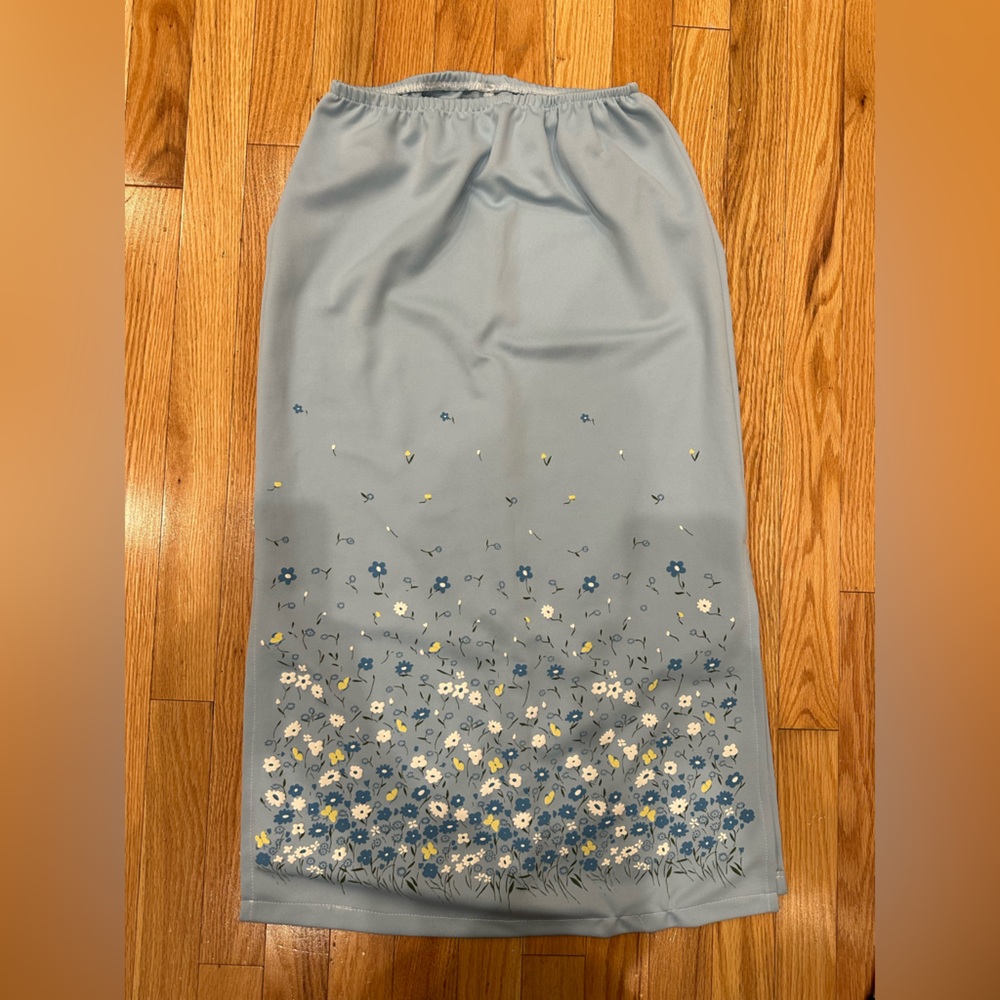 Vintage Baby Blue Floral Midi Skirt